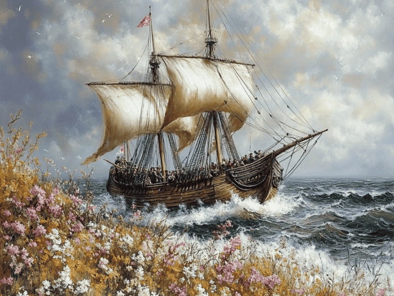 A depiction of pilgrims sailing on the Mayflower.